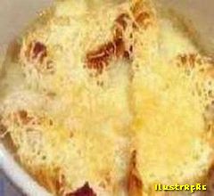 Sopa de Cebola Gratinada, Ingredientes da Sopa de Cebola - 50g De manteiga, 1kg De cebolas cortadas em rodelas finas, 2 Colheres (sopa) de farinha de trigo